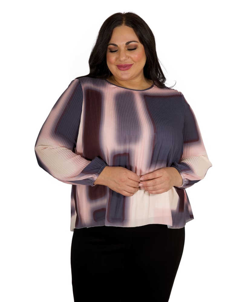 Front of a model wearing a size 14 Pleated Print Top in Purple by Marée Pour Toi. | dia_product_style_image_id:232983